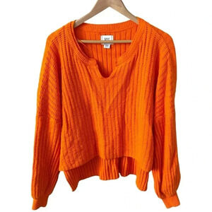 BDG Oversized Orange Balloon Sleeve Knot Cropped Notch Sweater